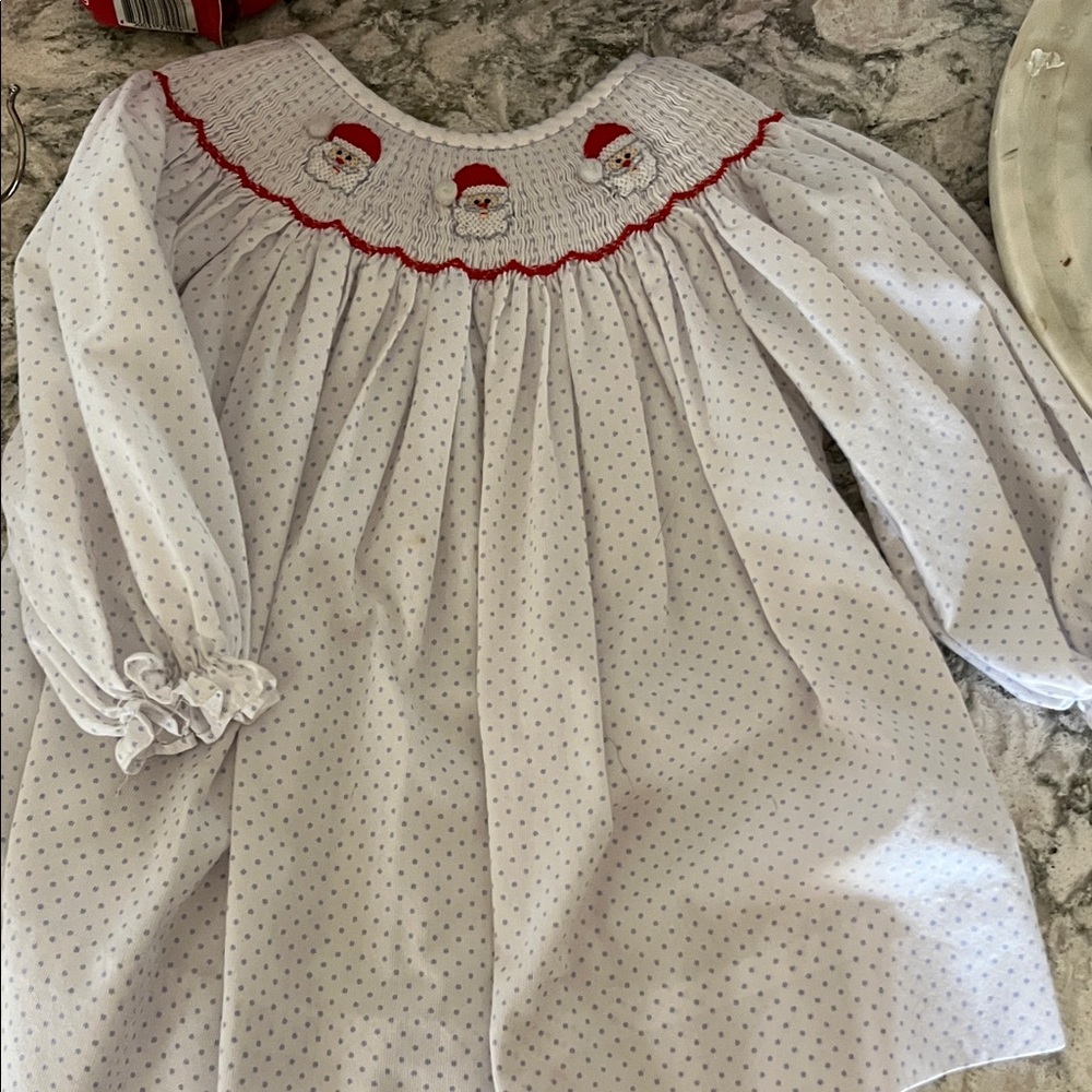 Santa smocked White and Blue Polka Dot Dress